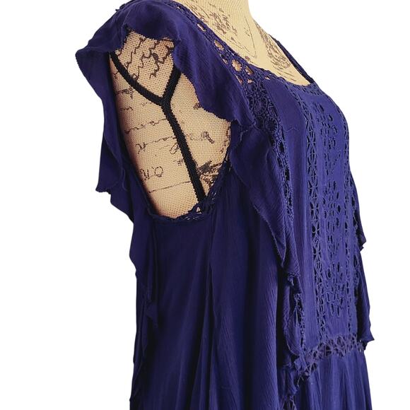 Free People Blue Eyelet Front w/Crochet Flutter Sleeves Flapper Dress M NWT - Picture 7 of 15